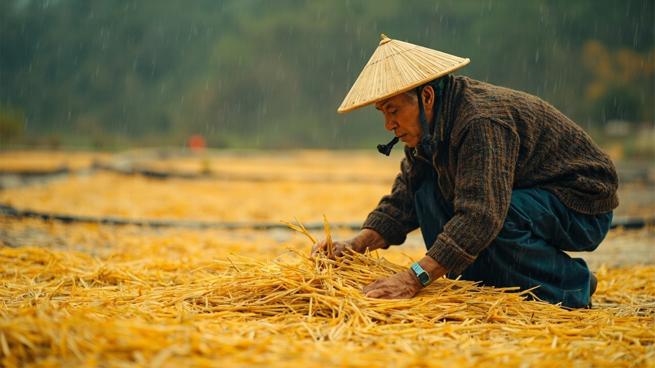 路人帮助屋主雨中抢收稻谷
